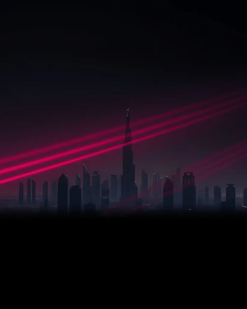 Dubai skyline at night with magenta light beams sweeping the towers