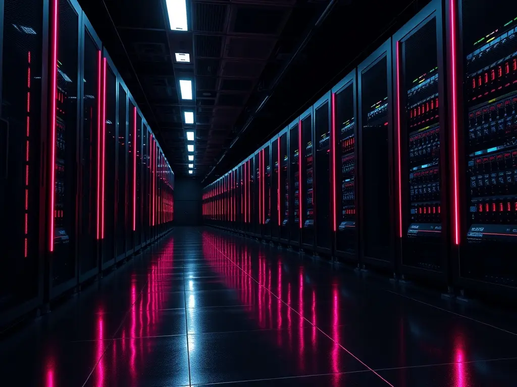 Datacentre hall at night with magenta accent lighting on polished floors