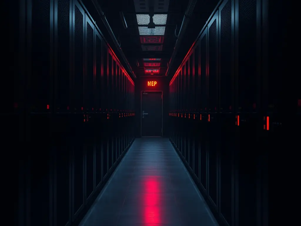 Dark server corridor lit by red status lights