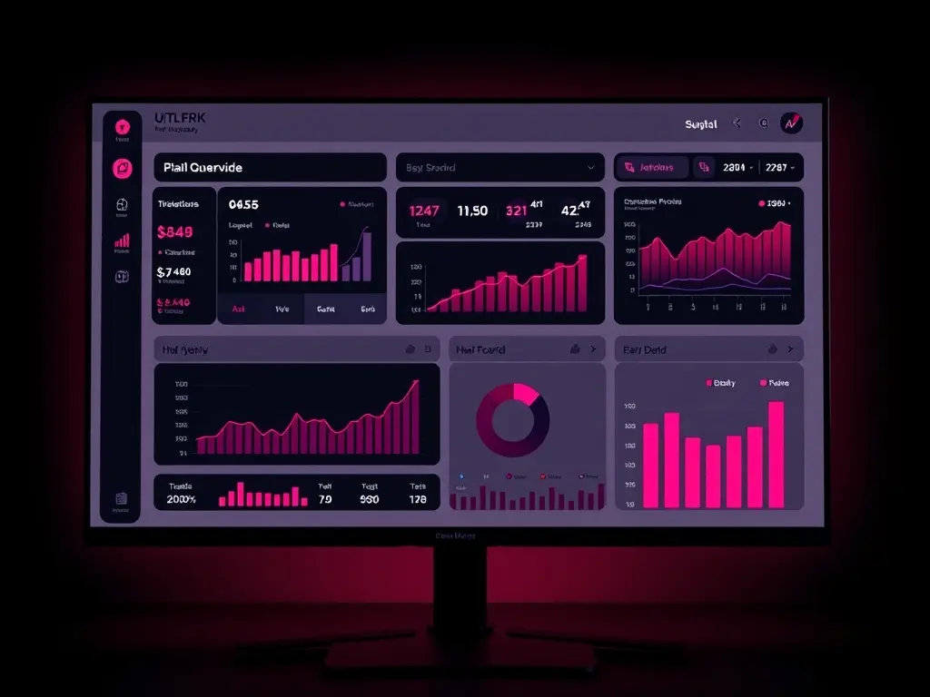 Monitor in a dark studio displaying a business dashboard with magenta charts