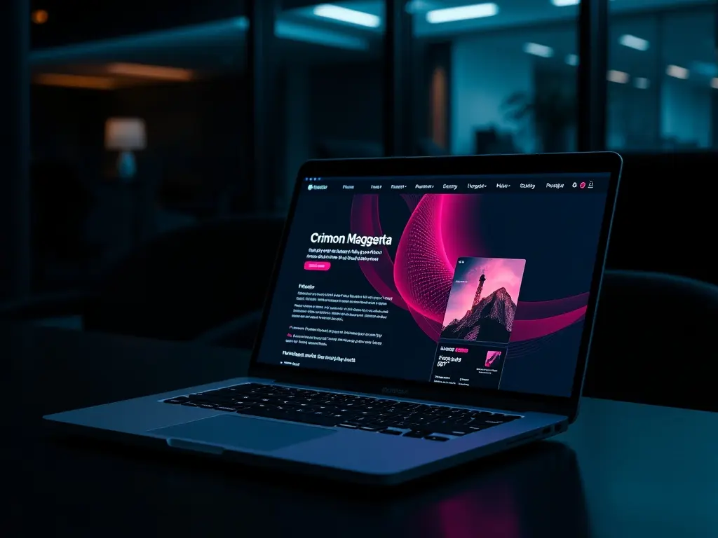Laptop at night showing a dark, magenta-accented business website